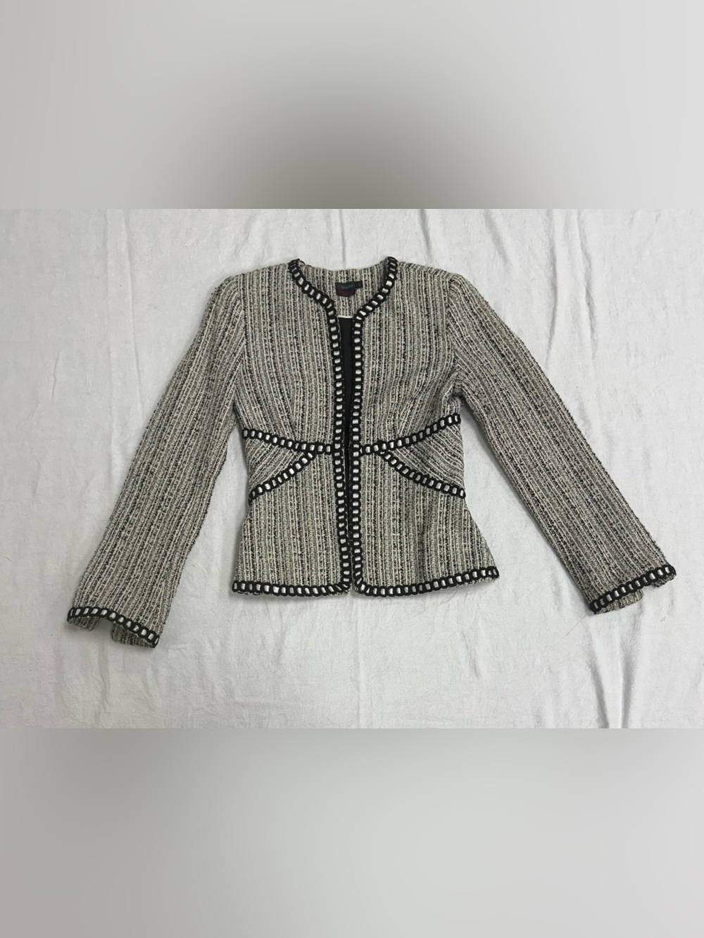 Black & Cream Tweed Collarless Jacket - Classic Structured Blazer